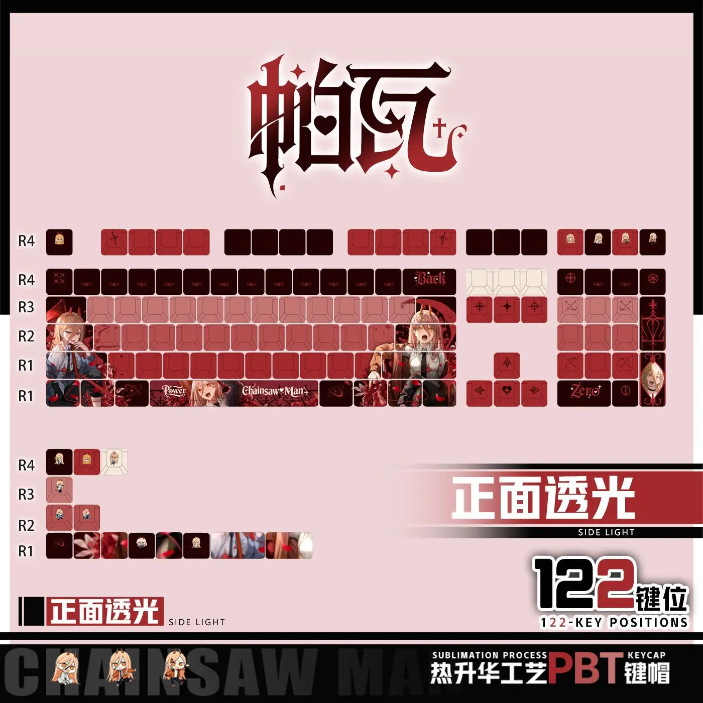 122 Keys Chainsaw Man Power‌ Keycaps Anime Chreey PBT Transparent Key Caps for Made68 Mad68 Wooting 60 Mechanical Keyboard