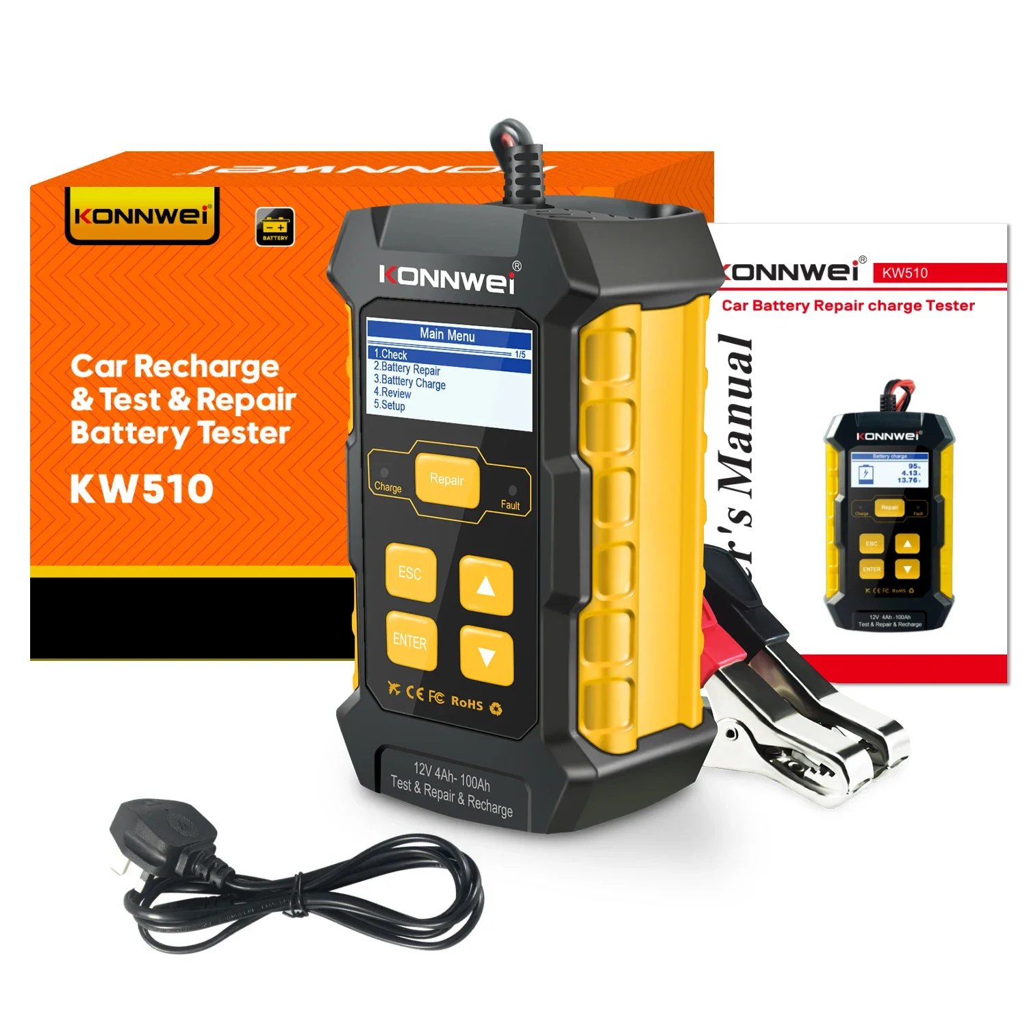 konnwei KW510 3 in 1 12V 4Ah-100Ah Fully Automatic Smart Battery Charger Automotive Pulse Repair Maintainer