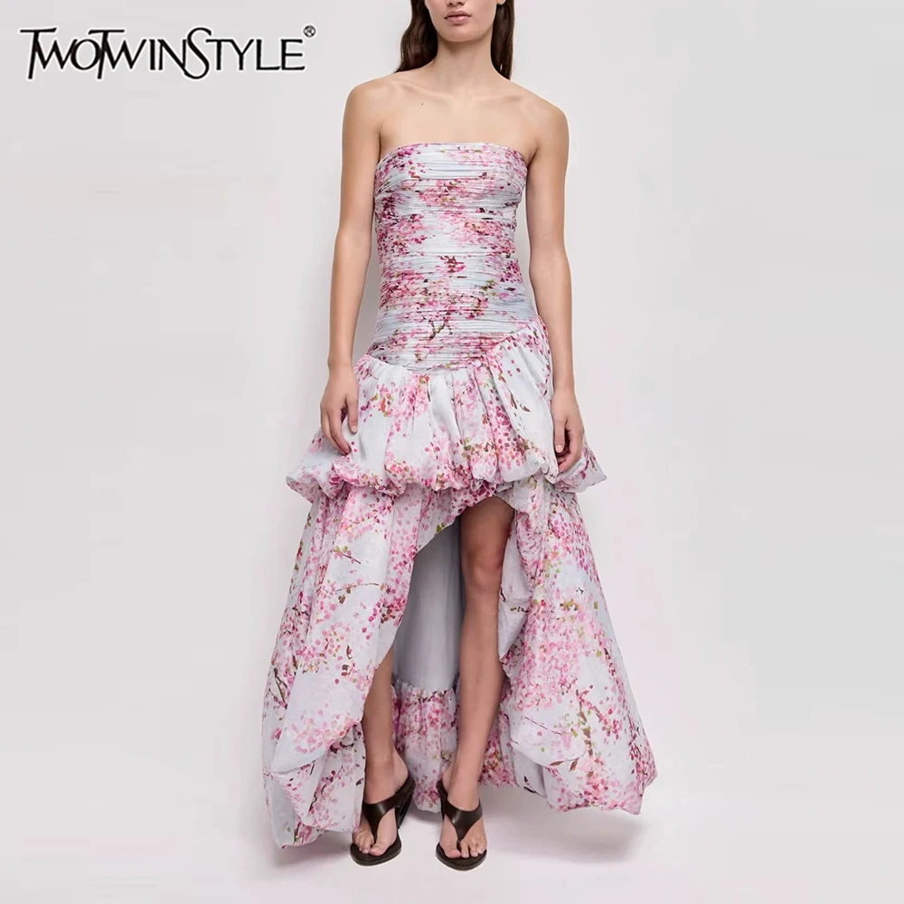 TWOTWINSTYLE Ruffle Spliced Asymmetrical Hem Slim Dress for Women Strapless Sleeveless Patchwork Zipper Print Dresses Female New