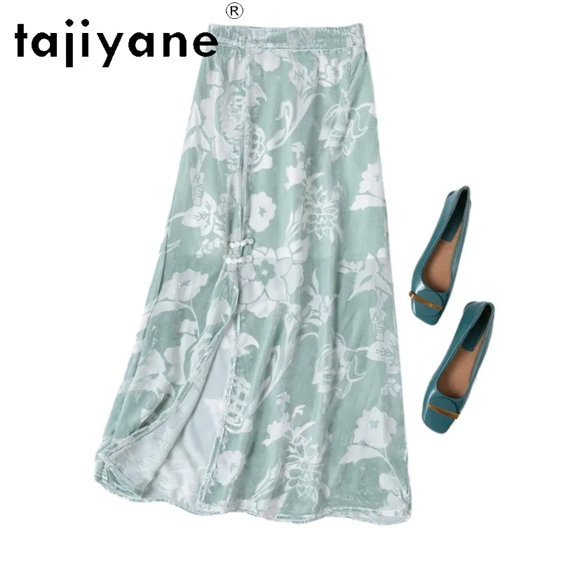 TAJIYANE Real Silk Burnout Velvet Women's Skirts Jacquard Midi Skirt Elastic Waist Side Split Summer Skirts Woman Clothing Юбка