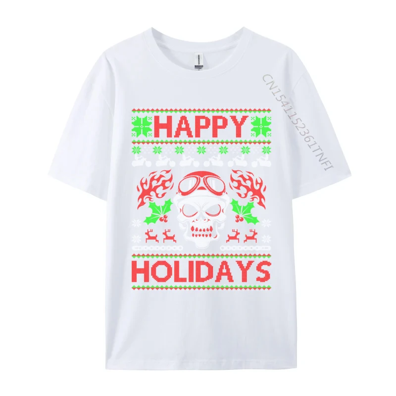 Motorcycle Happy Holidays Biker Ugly Christmas Skull T-Shirt All Cotton Tops T Shirt Fitness Tight T-Shirt Round Collar