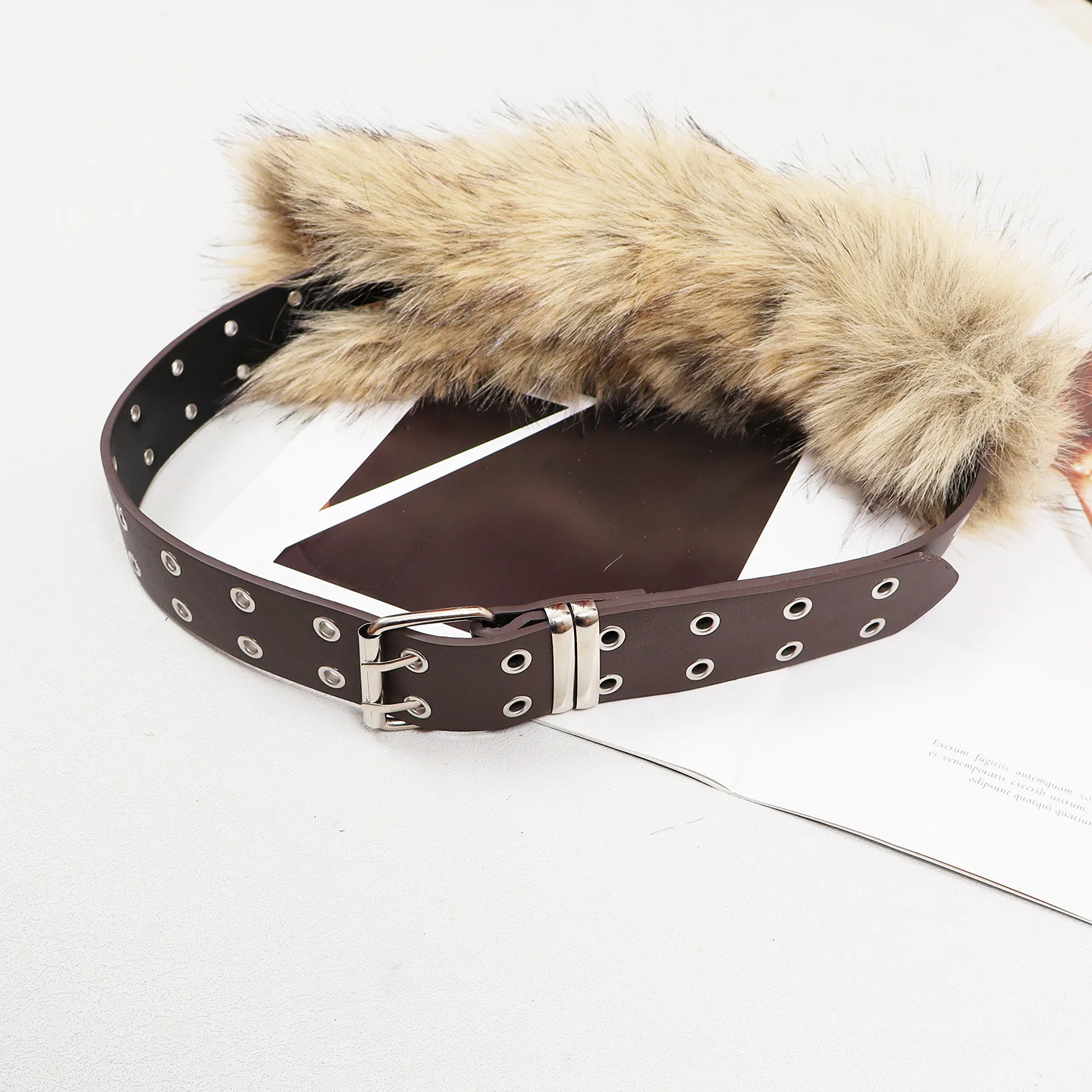 2025 Autumn Faux Furry Irregular Wide Corset Waistbands for Women Punk Pu Leather Waist Belts Double Layer Hole Rivet Cinturones