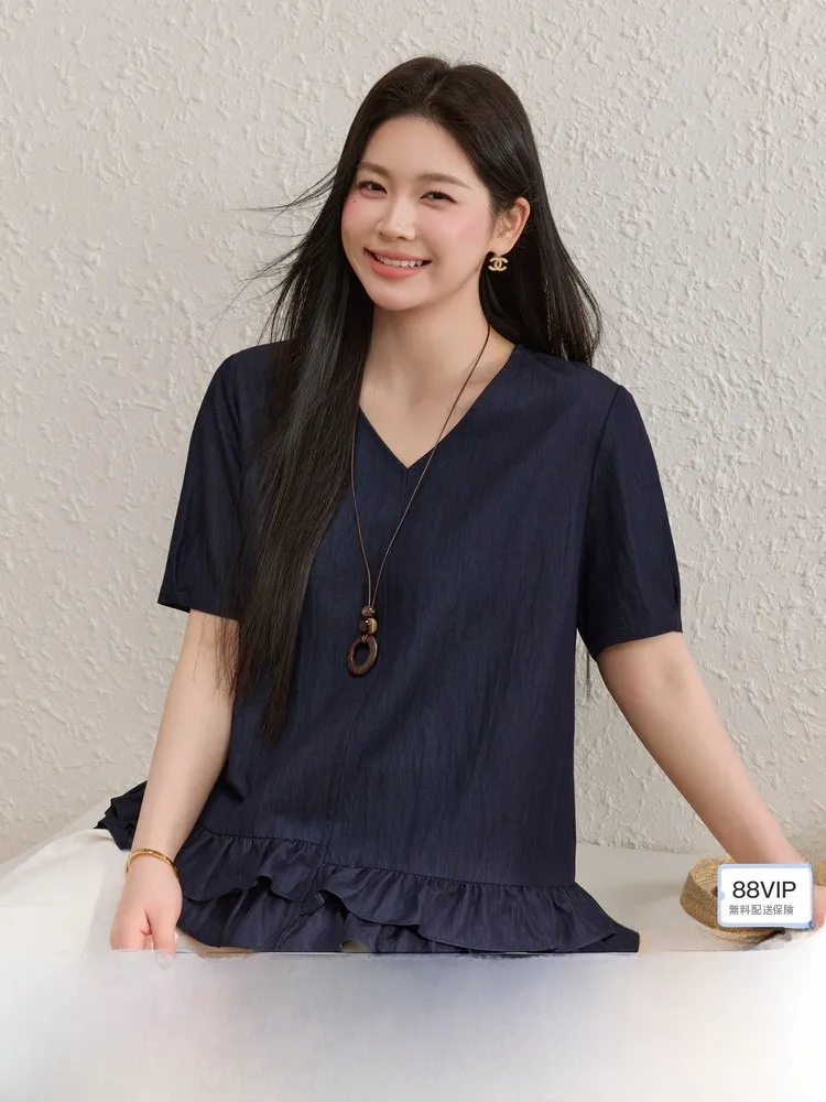 

Модная женская блузка с V-образным вырезом и кружевной отделкой, большие размеры, элегантный корейский стиль, с коротким рукавом, приталенная, летняя новинка