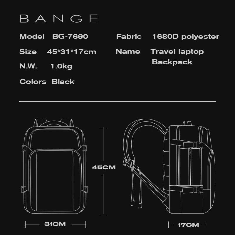 BANGE New Design Large Capacity USB Rechargable Travel Backpacks Men 15.6 inch Laptop Backpack Waterproof Outdoor Bag for Male