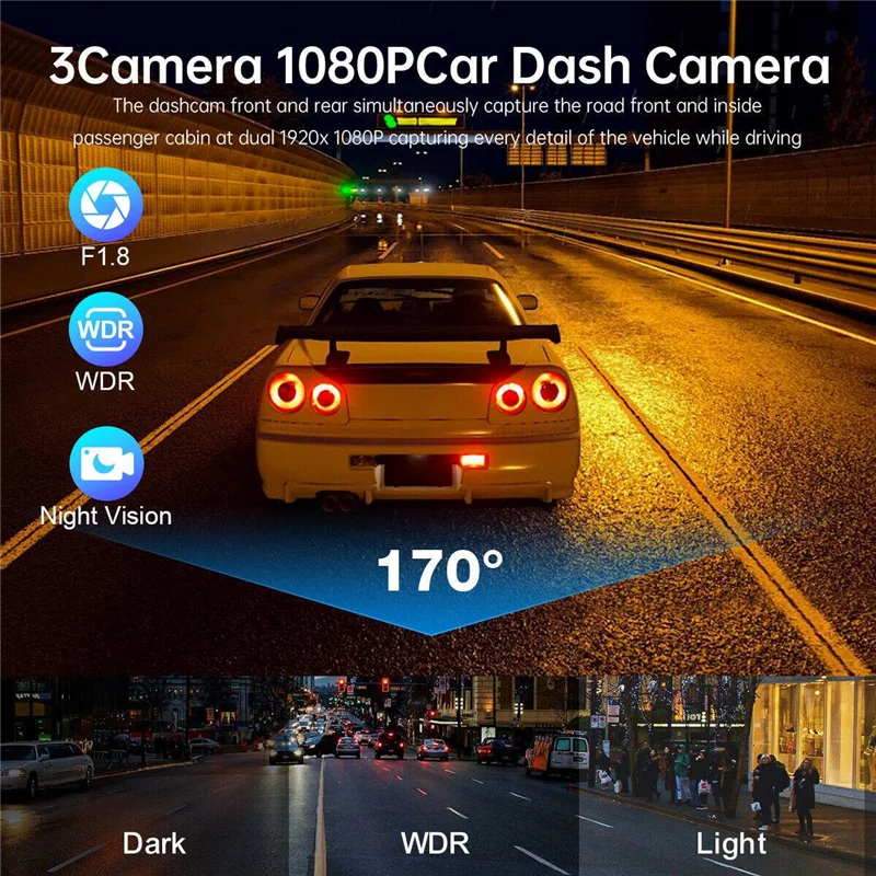 

ABND_Car DVR HD 1080P 3-Lens Inside Vehicle Dash CamThree Way Camera DVRs Recorder Video Registrator Dashcam Camcorder