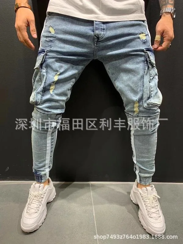 Men Jeans Denim Ankle Length Pencil Pants Mid Waist Holes Sheath Pockets Slim High Street Patchwork Slight Strech Washing