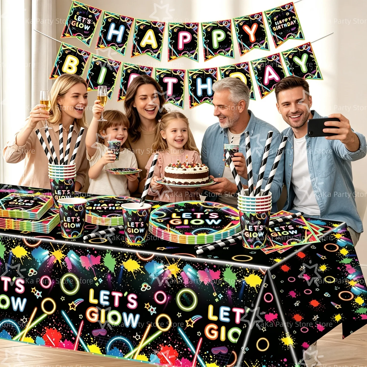 Neon Glow Happy Birthday Party Supplies Tablecloth Cup Plate Napkin Backdrop Baby Shower Neon Glow In The Dark Favors Decoration view 6