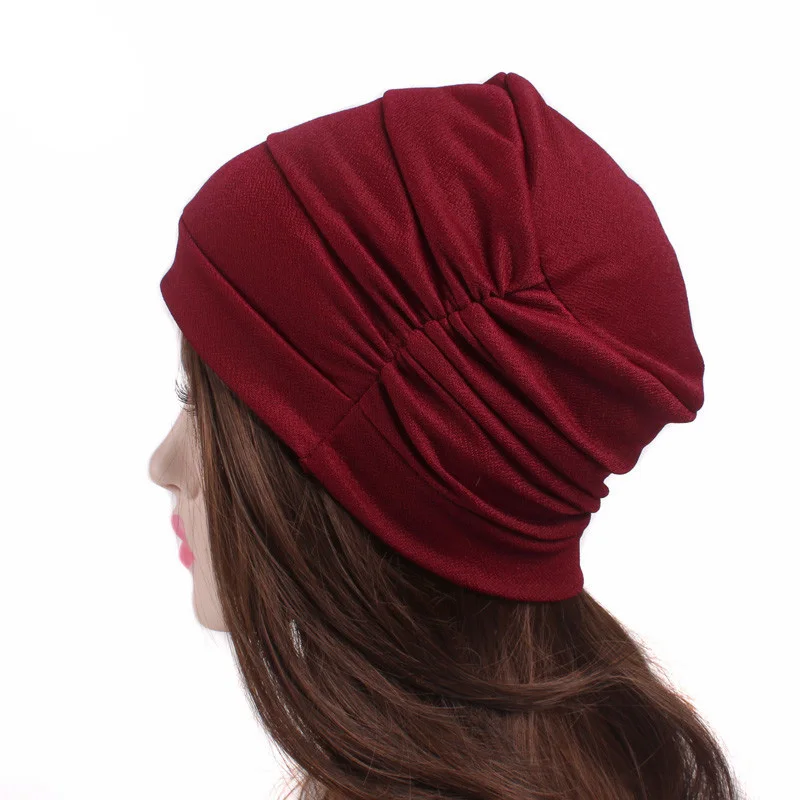 Mulheres muçulmanas cor sólida interior hijab chapéu turbante plissado gorros macios bonnet perda de cabelo lenço câncer quimio boné turbante mujer