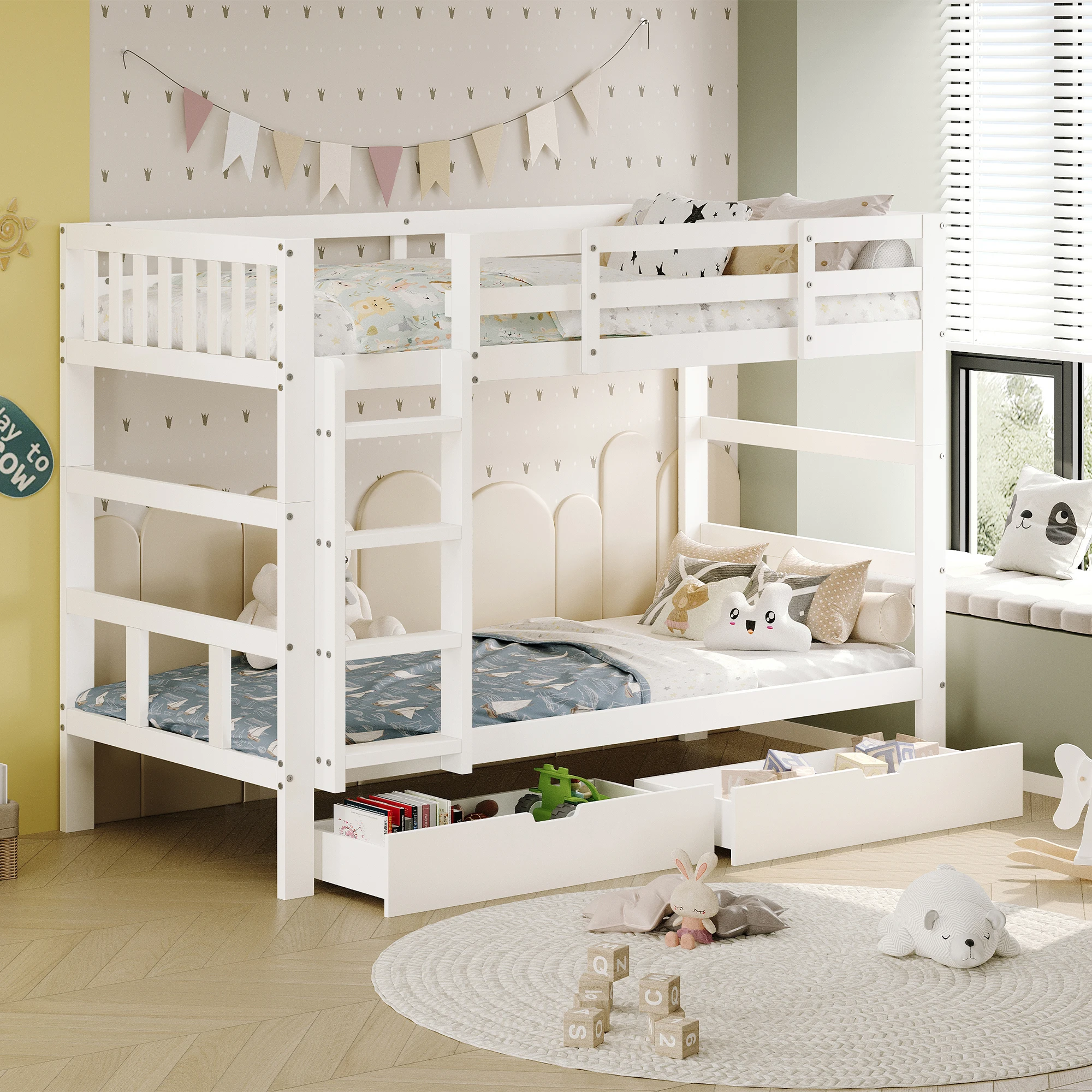Lit enfant Rosahqnda 90x200 cm, cadre de lit superposé en bois massif avec tiroirs, pour garçons et filles avec protection anti-chute, blanc