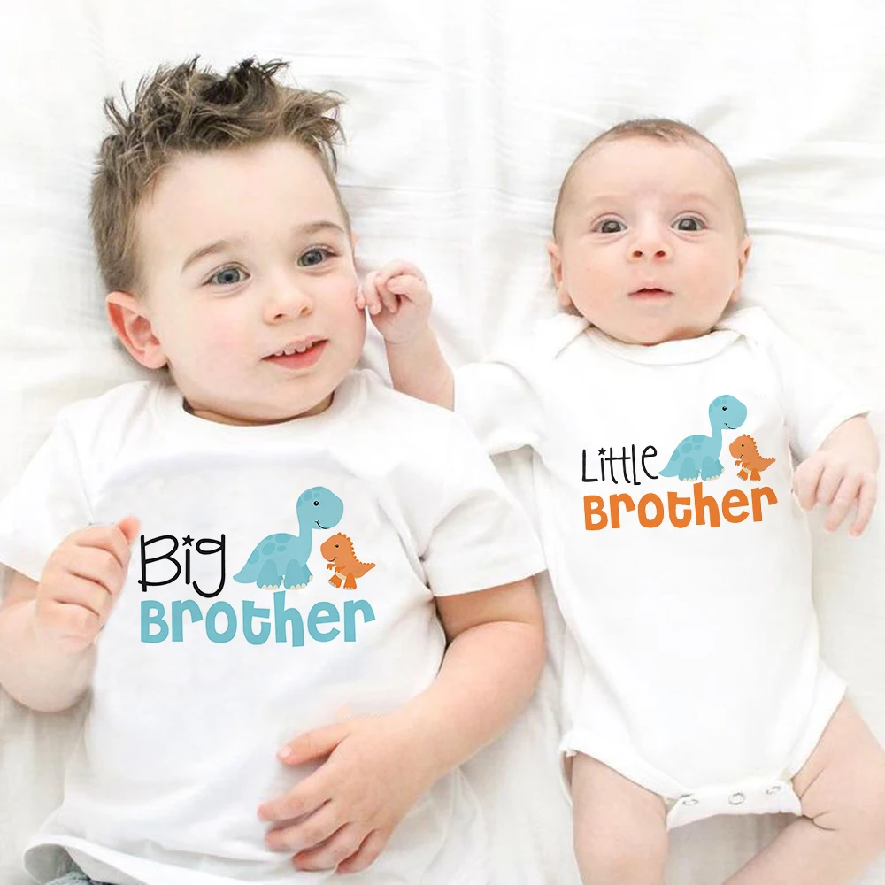 1PC Big Little Brother Siblings Matching T Shirts Dinosaur Truck Airplane Cartoon Boys Newborn Birthday Party Gift Tops Outfits