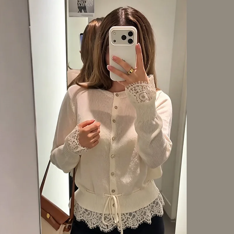 Beige Lace Splice Knit Cardigan Single Breasted Drawstring Waist Long Sleeve Loose Women Casual Knit Outerwear 260802