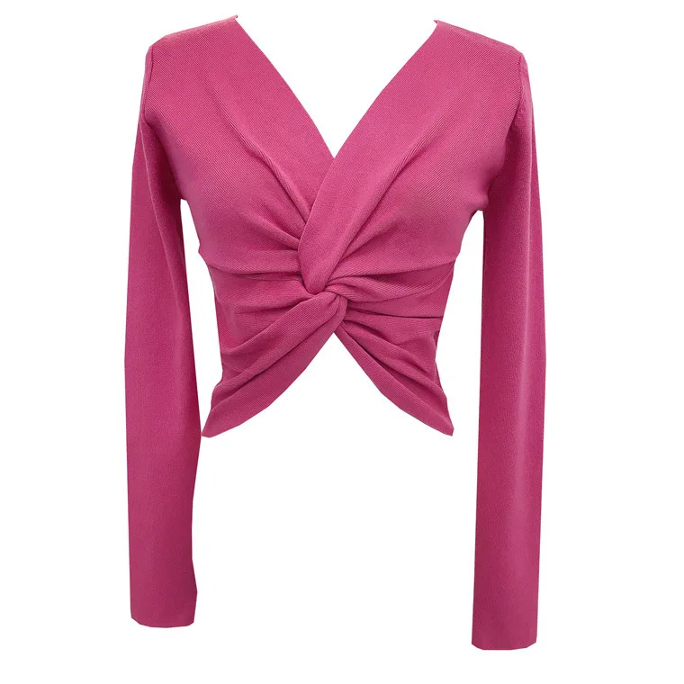 7304 الخريف الشتاء 14-إبرة كثيفة هونغ كونغ نمط الخامس الرقبة تويست سليم صالح مثير قاعدة قصيرة قميص أعلى