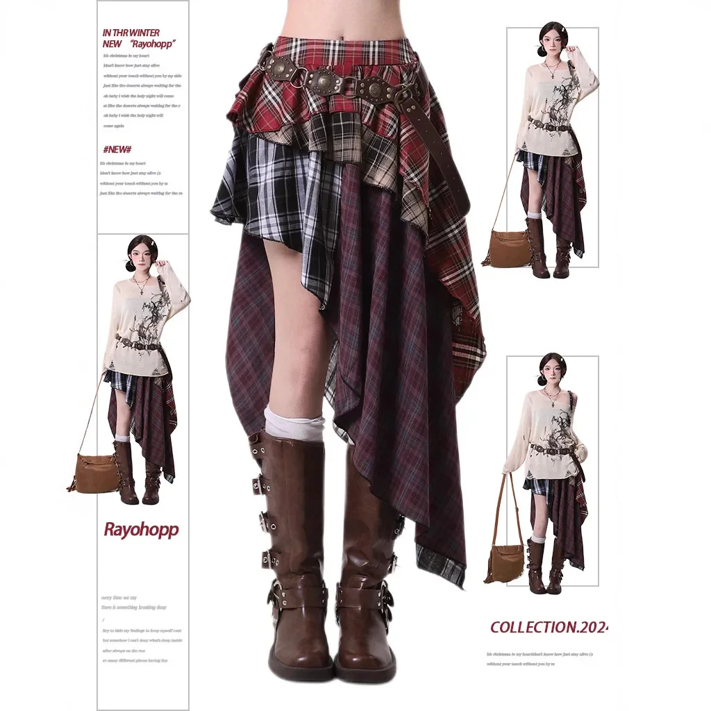 تنورة نصف منقوشة أمريكية للنساء لربيع وصيف نمط جديد مطوي غير متماثل كتلة الألوان تنورة قصيرة على شكل حرف A من ألياف البوليستر #1