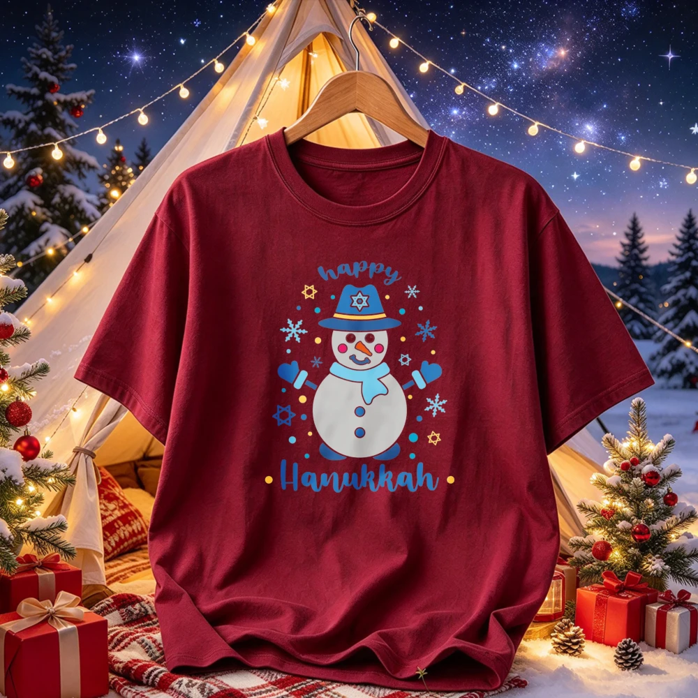Happy Hanukkah Snowman Star of David Snowflake Blue Scarf Hat Print Casual Tops Cute Jewish Holiday Winter Streetwear T-Shirt