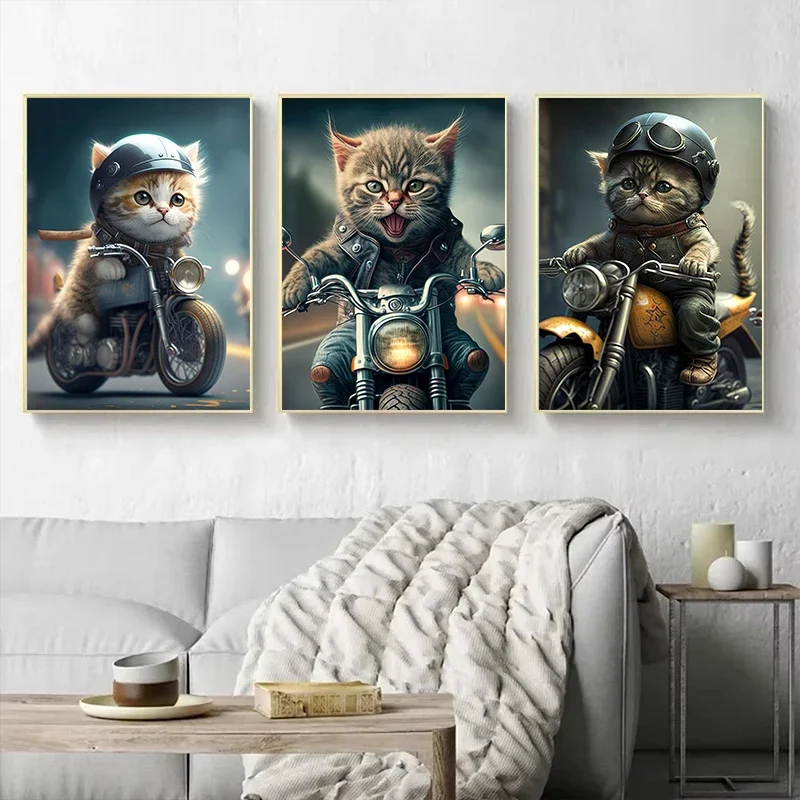 Cat Cute Animal Poster Cartoon Cat Riding A Motorbike Wall Art Canvas Painting Prints Pictures for Home Living Room Decor