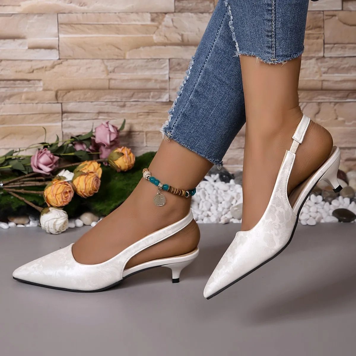 2024 Elegant High Heels Silver Pumps Women Summer Slingbacks Pointed Toe Party Shoes Woman Solid Thin Heeled Sandals Ladies