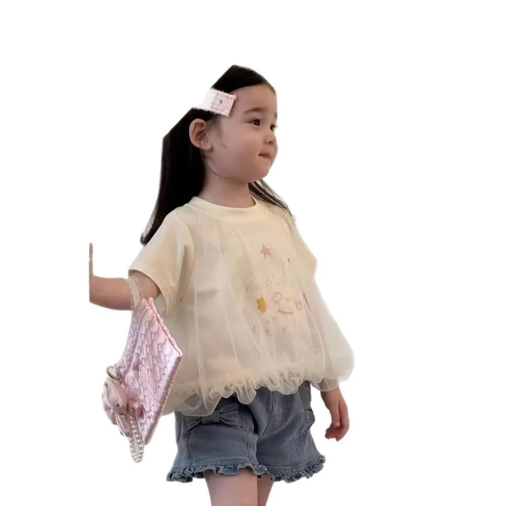 Children's Round Neck Base Shirt 2025 New Summer Mesh Stylish Cartoon Top for Girls