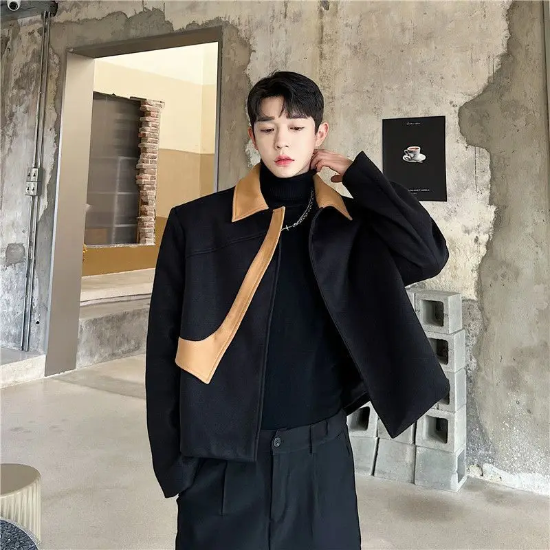 

Winter high-end wool short jacket for men's niche contrasting color design fashionable Korean thickened handsome jacket trendy