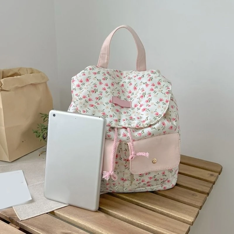 Mochila floral dulce para mujer E74B con bolso escolar con solapa nailon para estudiantes doble bolsillo