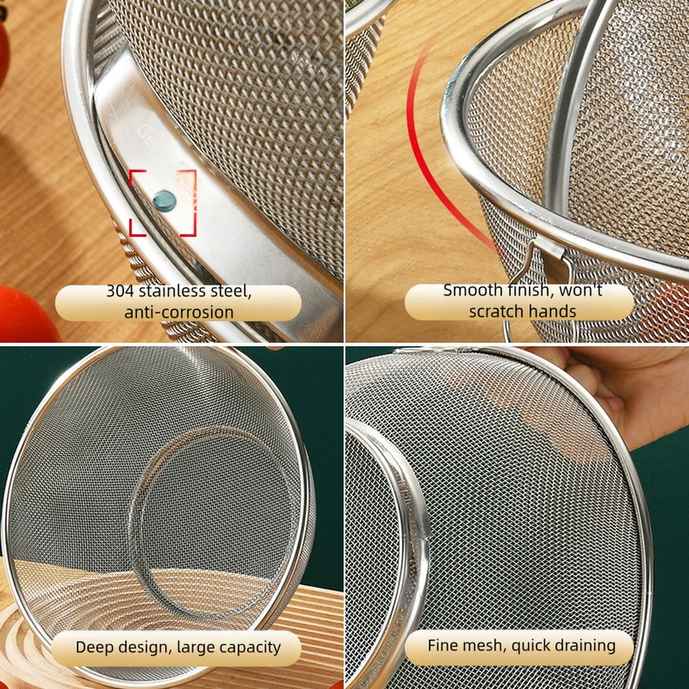 Multipurpose 304 Stainless Steel Drain Basket with Thick Mesh for Washing Fruits Vegetables 18cm 20cm 22cm and 24cm