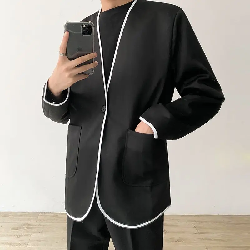 

Модный черный мужской костюм, пиджак, только один пальто, умный повседневный пиджак на одной пуговице для бизнеса/свадьбы, выпускного вечера, официальная куртка без воротника