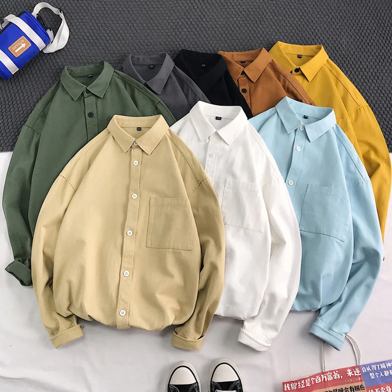 100% Cotton Casual Shirts Men Long Sleeve Oversize Spring Underwear Cargo Pocket Outerwear Japan Style Solid Streetwear 2023