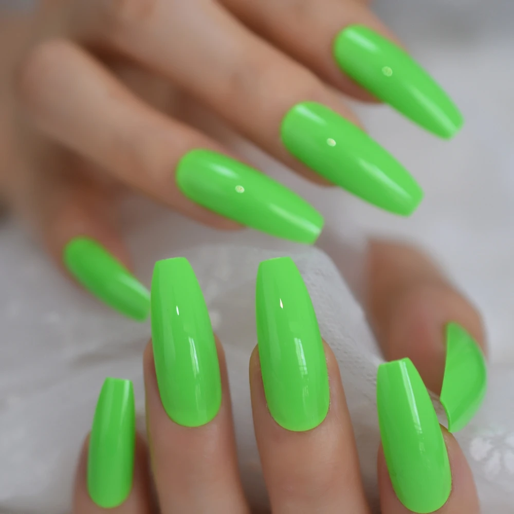 NEON Nails Wonderful Summer Green False Nails Bright Color Beautiful Extra Long Coffin Press on Nail with Adhesive Glue Sticker