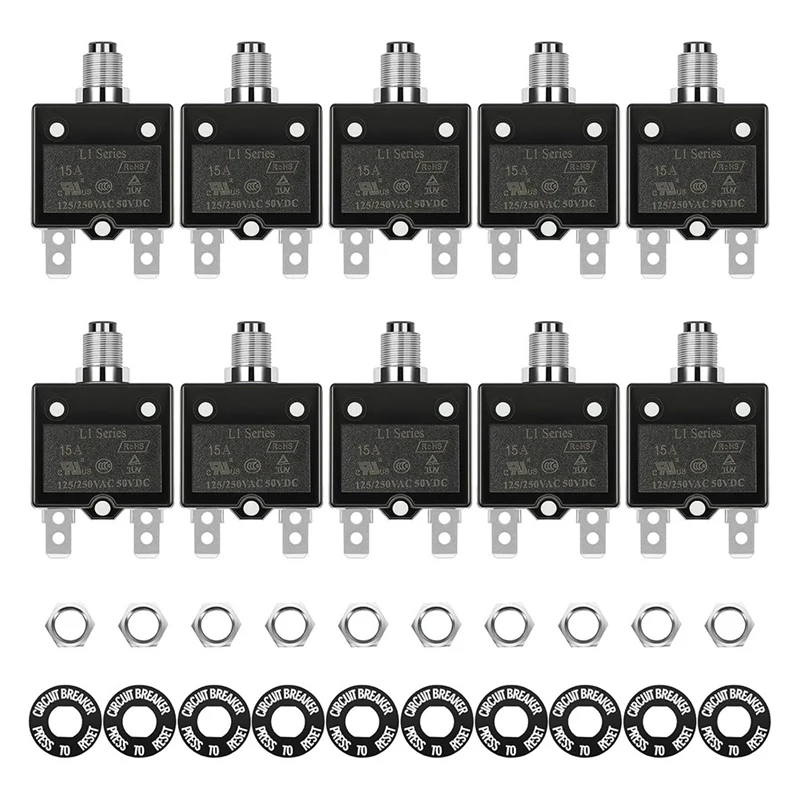 15 Amp Breaker Electric Button Breaker 125/250V AC 50V DC Thermal Circuit L1 Series With Manual Reset Button L1-15A