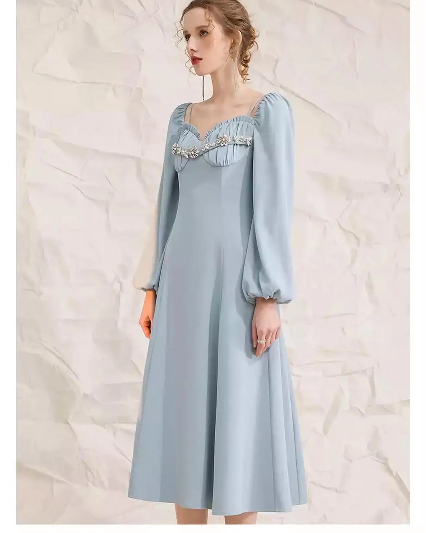 

Customized Graceful Jersey A-Line Crystal Flowers Ruffles Evening Dress Temperament Long Sleeves Sweetheart prom dresses
