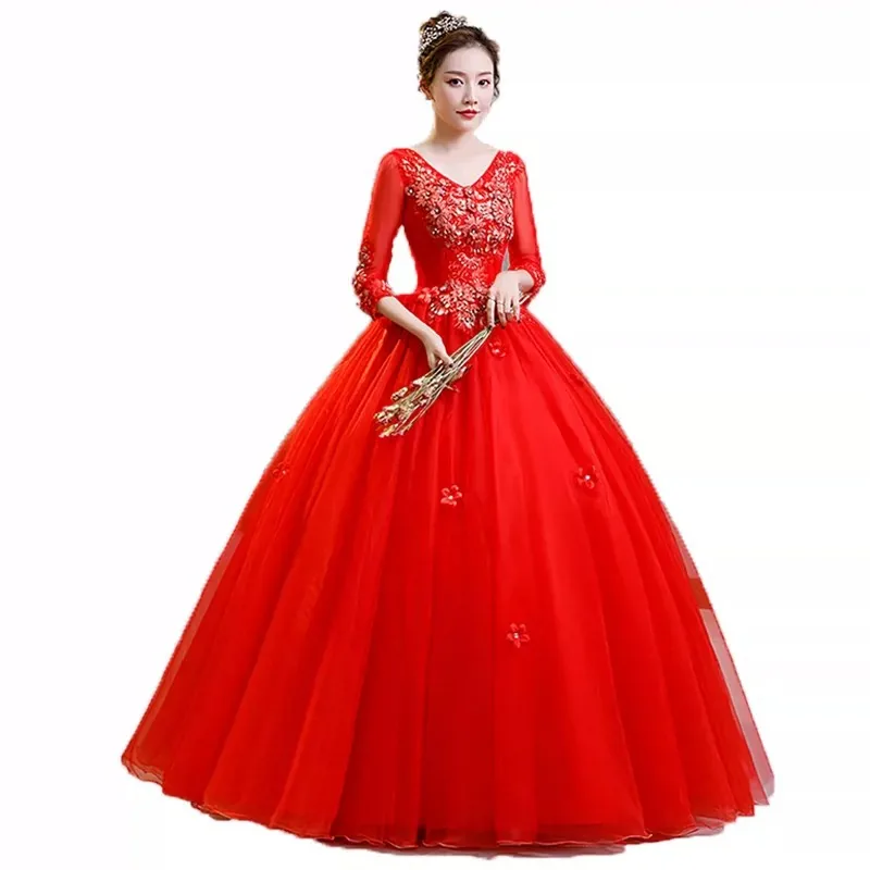 Klassieke Rode Quinceanera Jurk 2023 Nieuwe Elegante V-Hals Appliques Baljurk Lange Mouwen Tule Vestido De Debutante