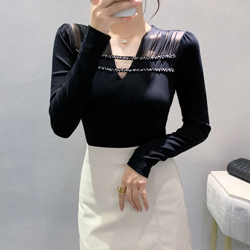 مثير الجوف خارج V-Ne طويل Sve المرأة قاعدة irt Me لصق تي شيرت Ele سليم صالح العصرية مزيج القطن الخريف جديد Arr...