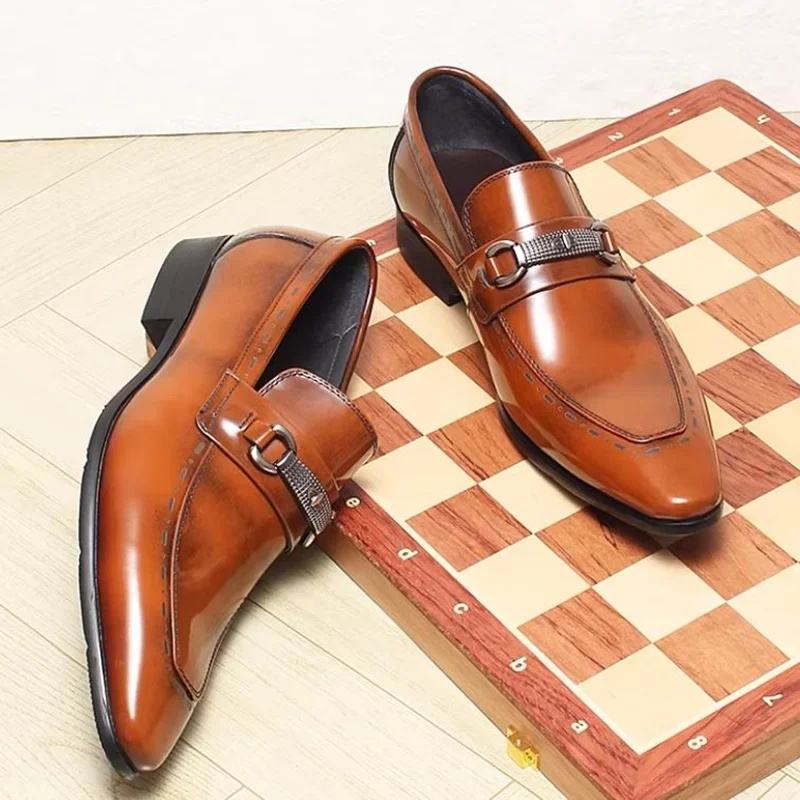 Taste The Standard Leather Shoes For Men With Light Luxury Silver Buckle Pointed Toe Dress Loafers Men Leather Casual Shoes