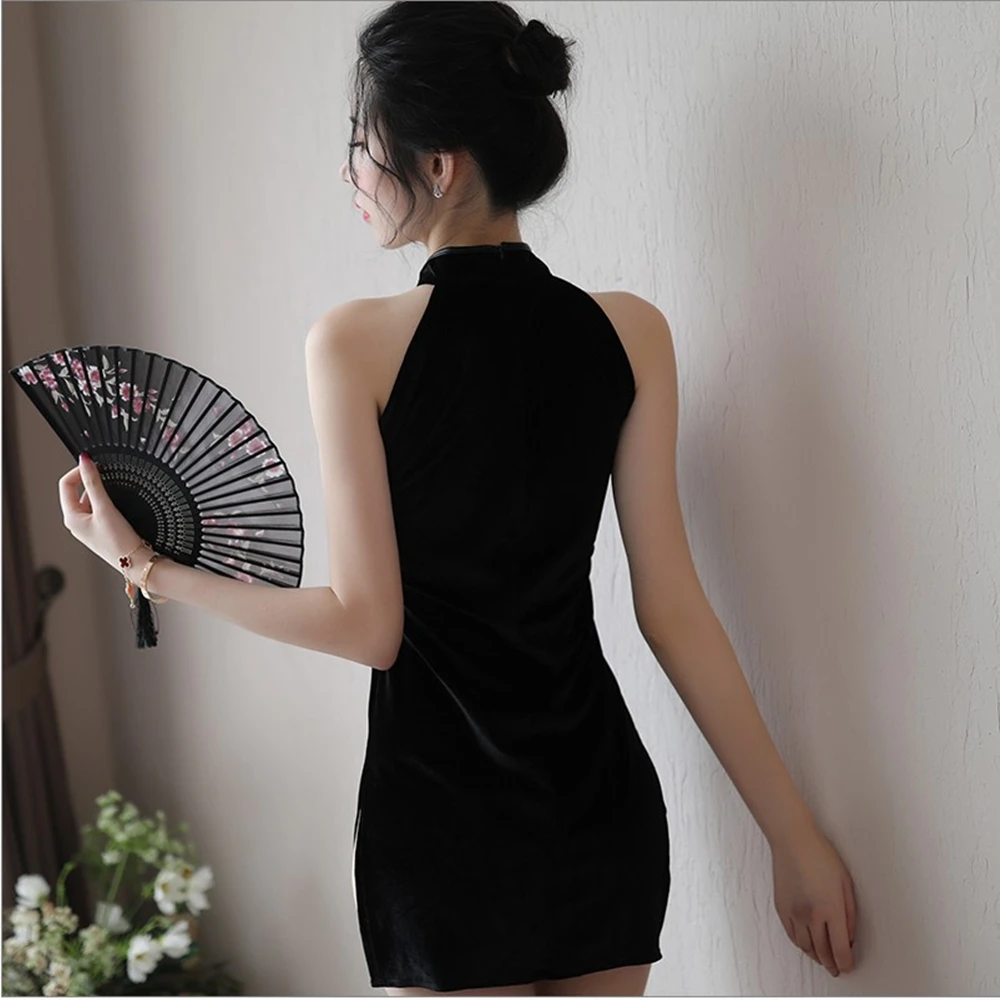 High Slit Cheongsam Chinese Traditional Qipao Woman Nightclub Tight Uniform Erotic Mini Skirt Sexy Lingerie Sleeveless Dress