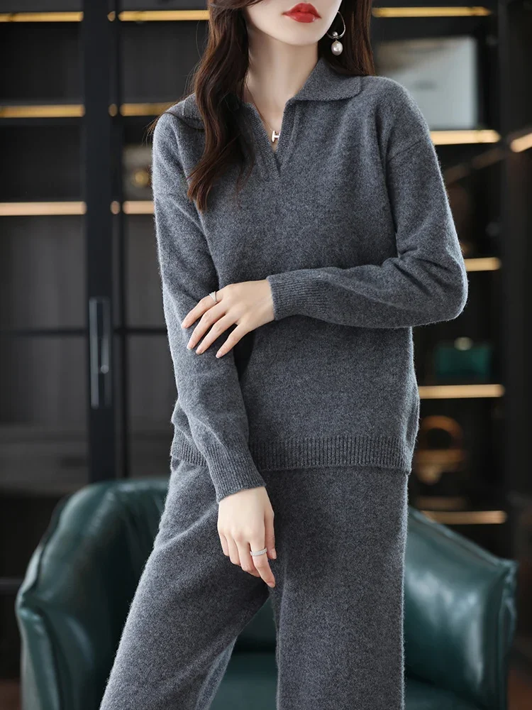 New Cashmere Suit Female Lapel Korean Version of Senior Casual Sweater Wide-Leg Pants Wool Knitted Two-Piece Suit