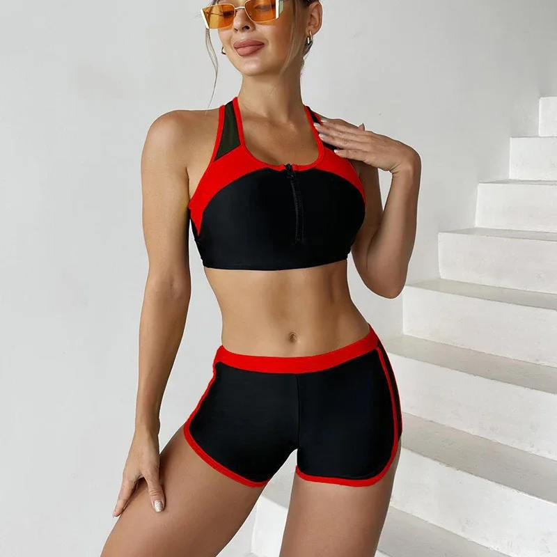 2024 Summer New Black Red Sports Bikini Split Swimsuit Women Sexy Zipper Bathing Suit Stroje kąpielowe Bokserki z wysokim stanem Stroje plażowe