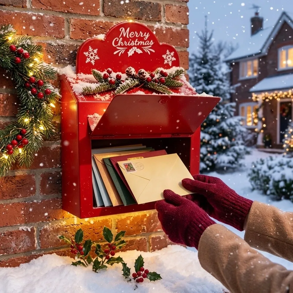 Red Metal Wall Mount Santa Mailbox Christmas Decor for Holiday Letters Vintage Look 22x10x33.5cm Indoor Outdoor