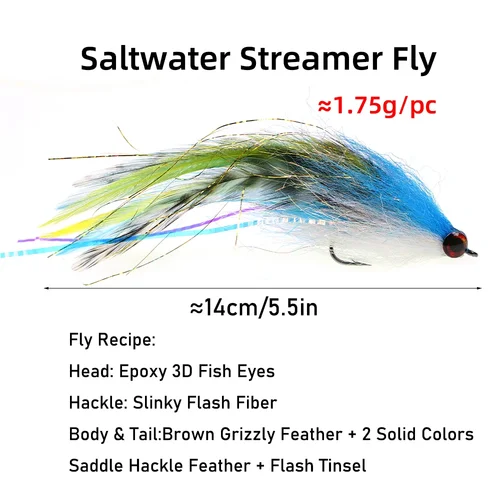 Imagen 2 del producto Ellllv 5,5 ′′ Streamer Pike Fly Grizzly Saddle Hackle ojos 3D 2/0 Stinger Hook Big Baitfish señuelo para lubina especie de agua salada almizclada