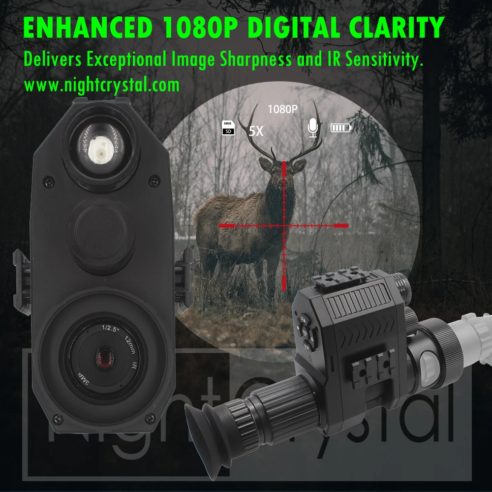 Digital Night Vision Riflescope 1080P Video Camera Infrared Monocular Hunting Sight Adjustable Crosshairs, Not Thermal Scope
