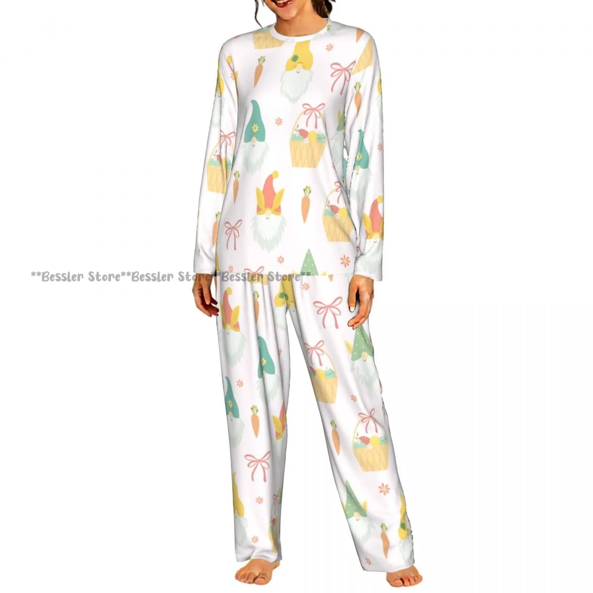 Women Round Neck Pajamas Set Gnome Faces Long Sleeve Tops + Long Pants