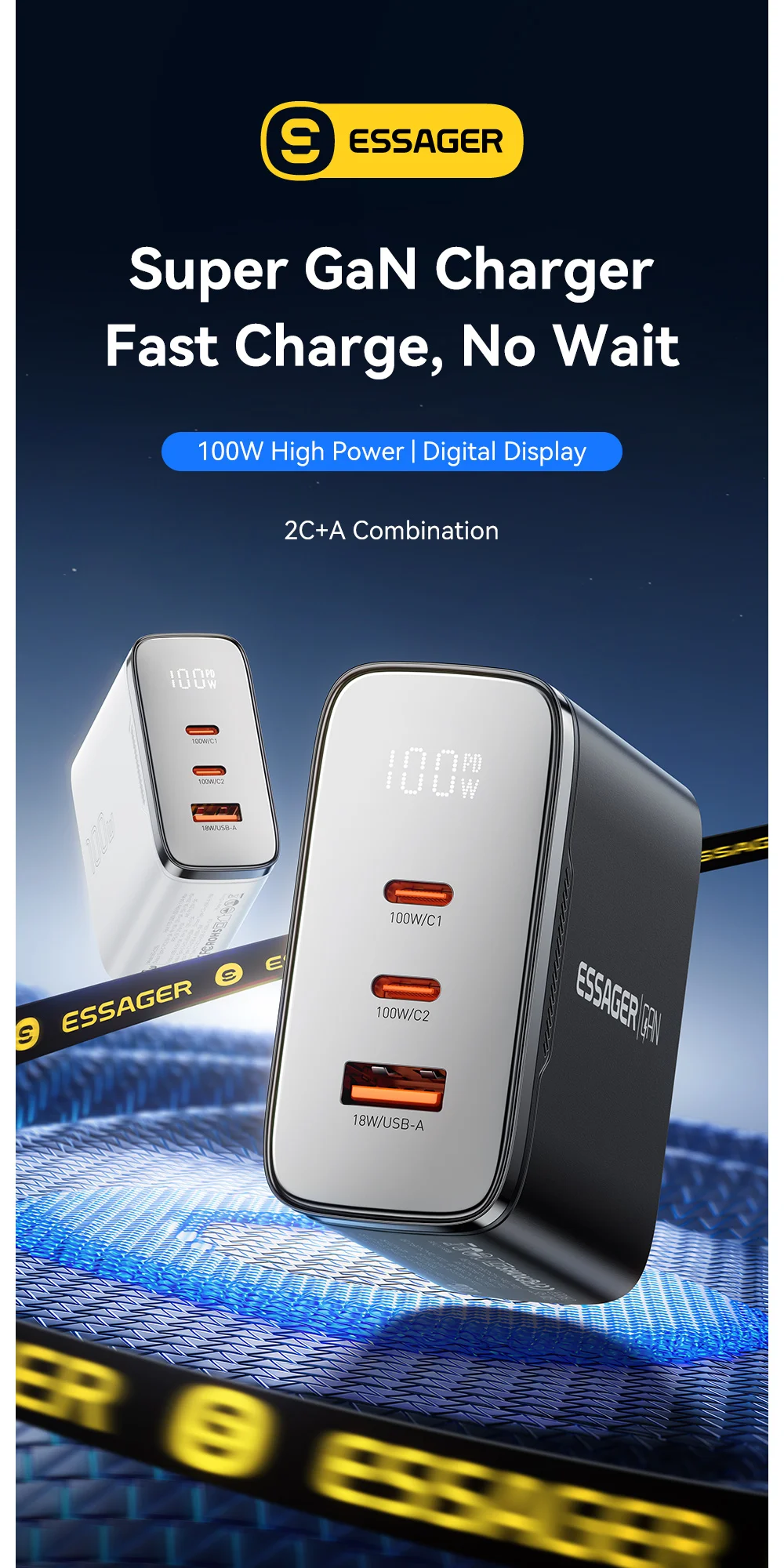 Essager GaN USB-C Ladegerät 100W mit Digitalanzeige, Typ-C Schnellladegerät für iPhone 17 16 Samsung Xiaomi Tablet MacBook Pro – Detail 1