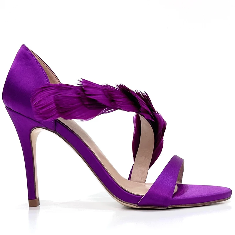 

Thin high-heeled sandals summer new round toe satin one-line belt swan feather sexy sandals banquet dress small size women shoes