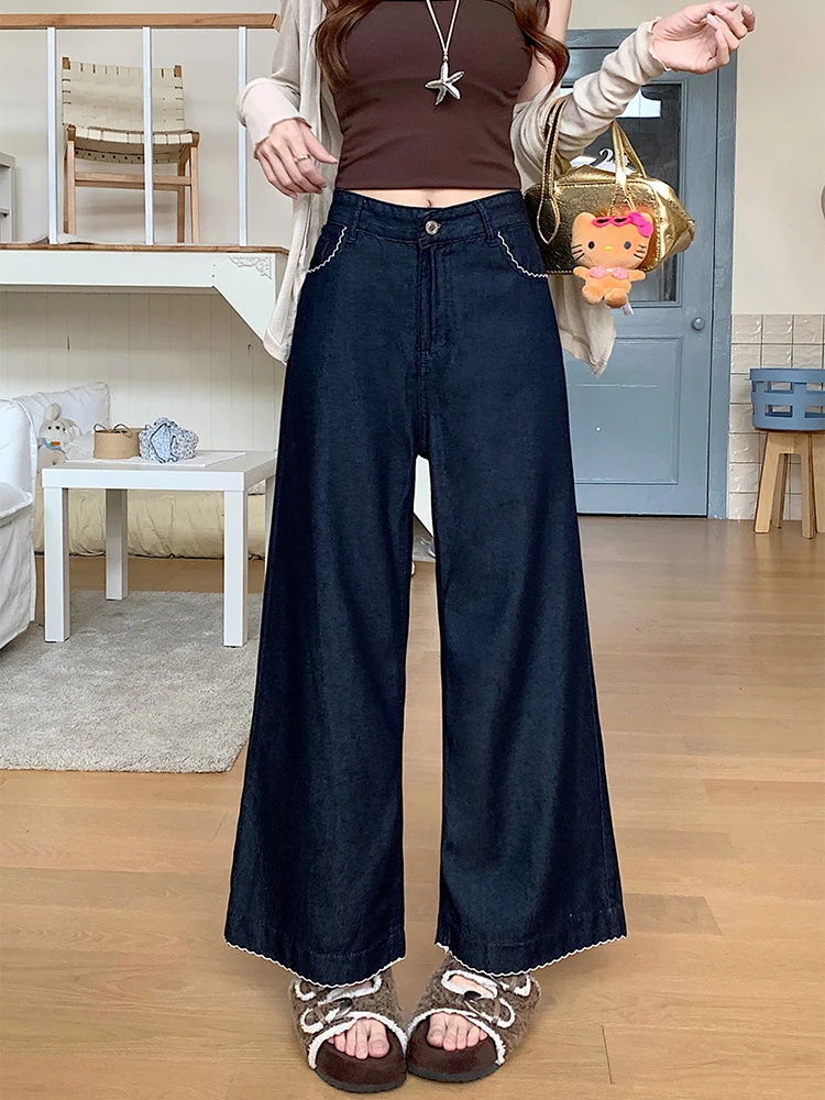 

Retro Dark Blue Women's Jeans Fashion Lace Edge Straight Leg Denim Pants Elegant High Waisted Casual Wide Leg Trousers