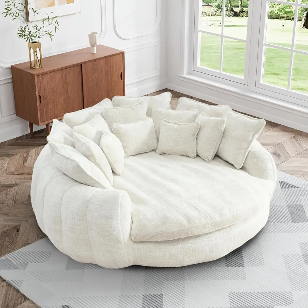 

81.1" W Oversized Round Chaise Lounge, luy Lazy Bean Bag Soa with 14 Pillows, Comy Chenille Upholstered Barrel Sleeper Bed, ern