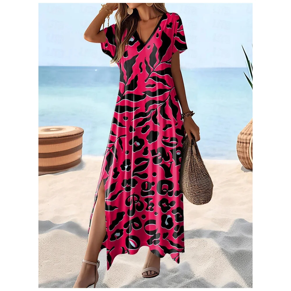 Fashion Women Dresses 3d Flower Print Woman A-Line Skirt Women Clothing Elegant Women Dresses Summer Casual V-Neck Slit Dress