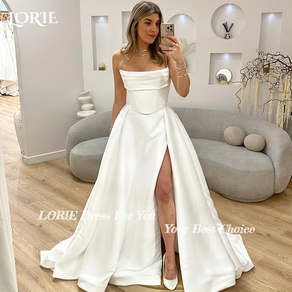 

LORIE High Slit Wedding Dresses Solid Satin Strapless Ribbons Sweep Train Bridal Gowns Vintage Customized Bride Dress Bride Gown