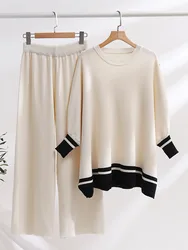 Autumn Winter Thicken Knitted Two Piece Set For Women O-neck Batwing Sleeve Pullover Sweater + Wide Leg Pants Women's Tracksuit