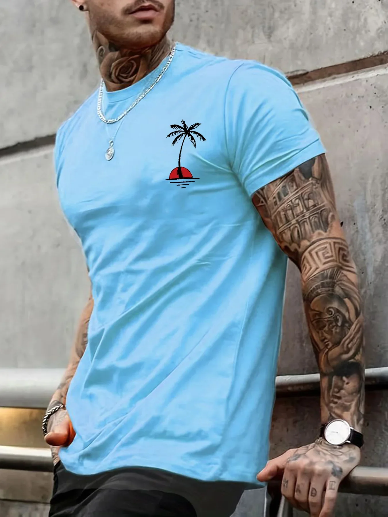 Pop Men's Summer Casual Loose Size Style Cotton Coconut Trees Print Round Neck Short Sleeve T-shirt Top