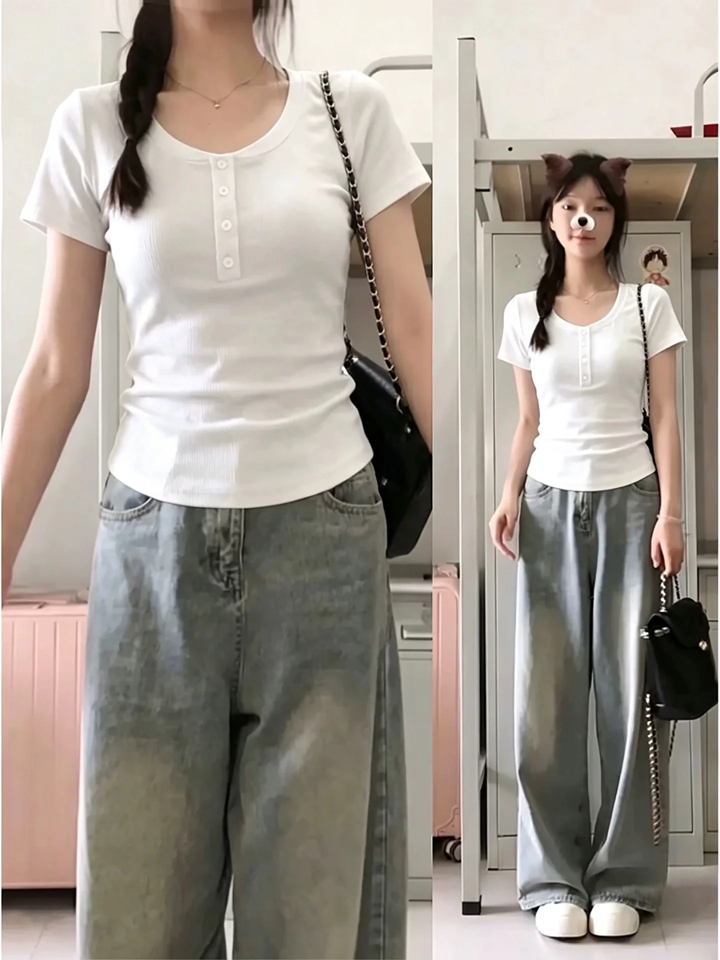 Women's V-neck Short Sleeve T-shirt 95 Cotton Button up Slim Fit Summer New Style plus Size Versatile Basic Sexy Simple Base Top
