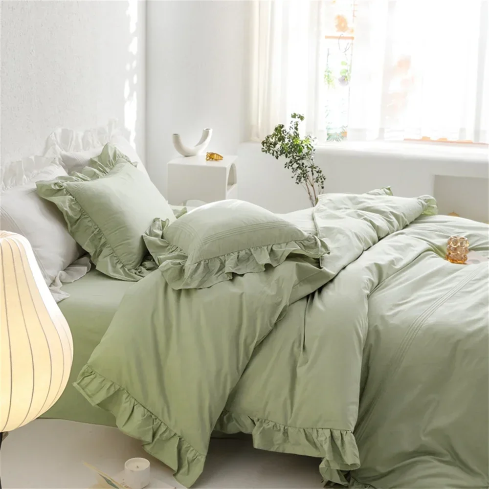 

Svetanya Light Green Flounce 600TC Bedding Set Egyptian Cotton Duvet Cover Set Queen King Size Bedlinens Fitted Sheet