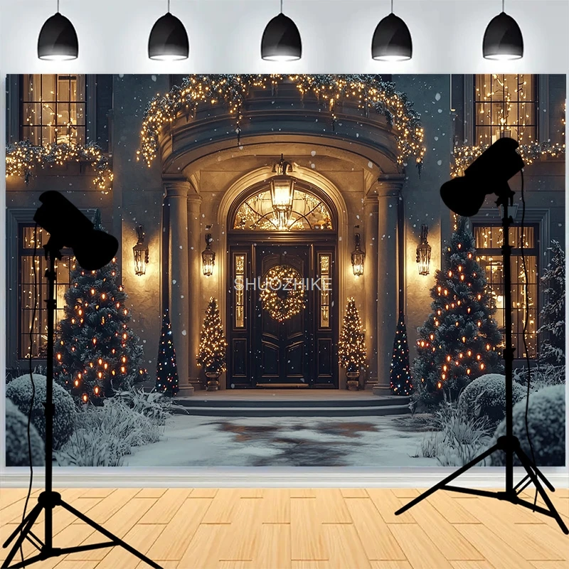 

Warmth Christmas Day Fireplace Photography Backdrops Window Living Room Wreach Happiness New Year Photo Studio Background XH-48